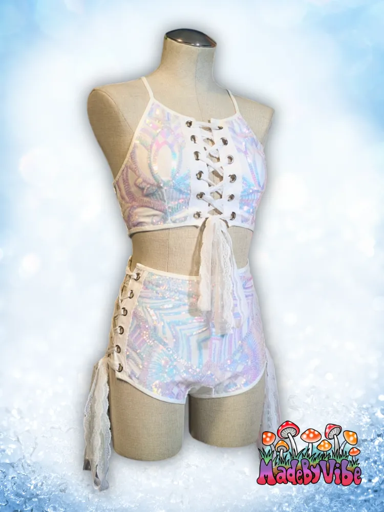 Icy Prism High Waisted Side Lace Booty Shorts - Ready to Ship