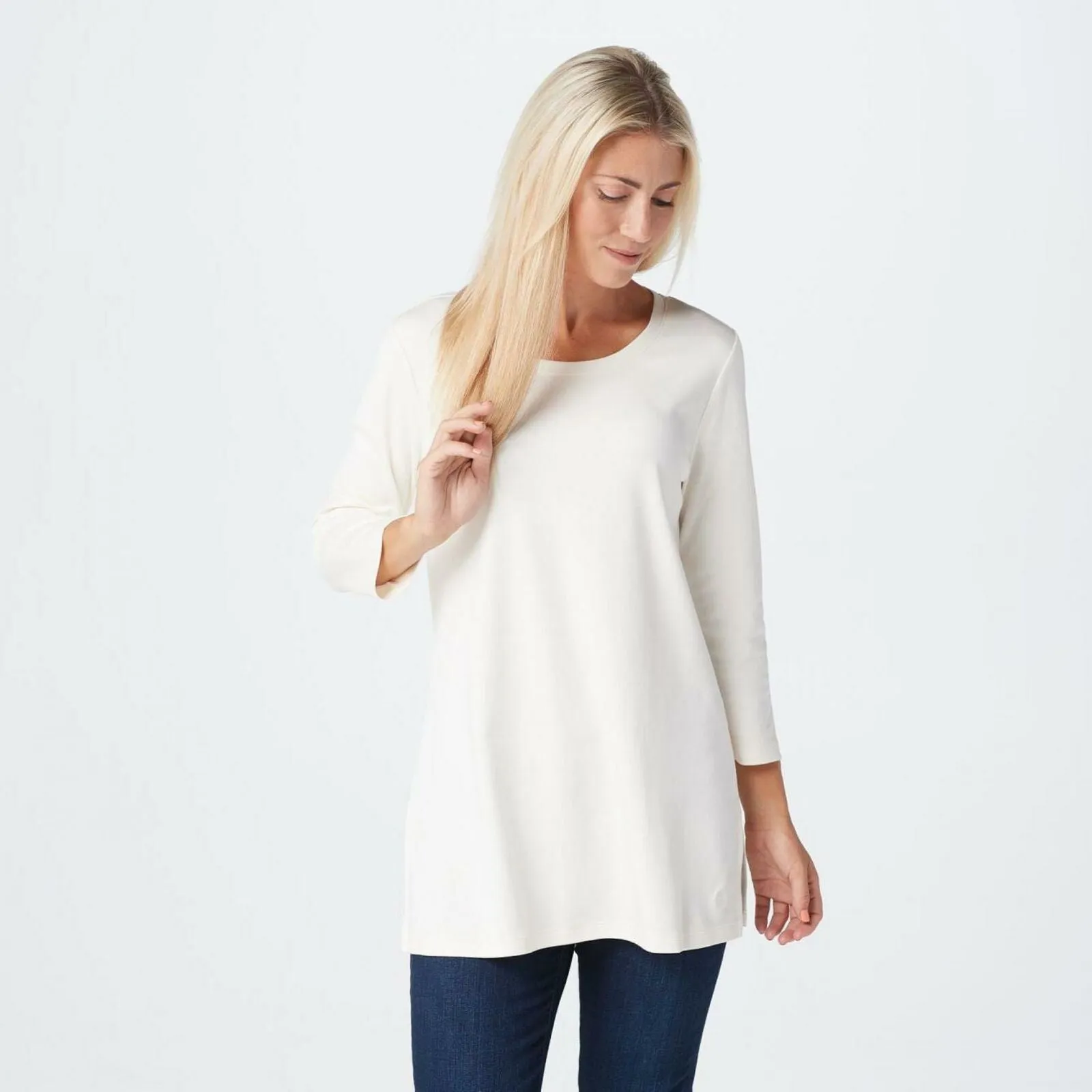 Isaac Mizrahi Live! Pima Cotton Tunic Top with Long Side Slits Cream Large