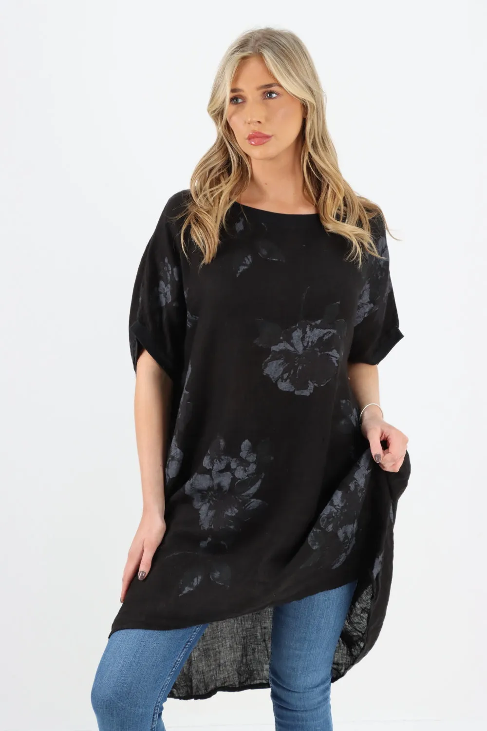 Italian Linen Floral Tunic Dress Black Free Size