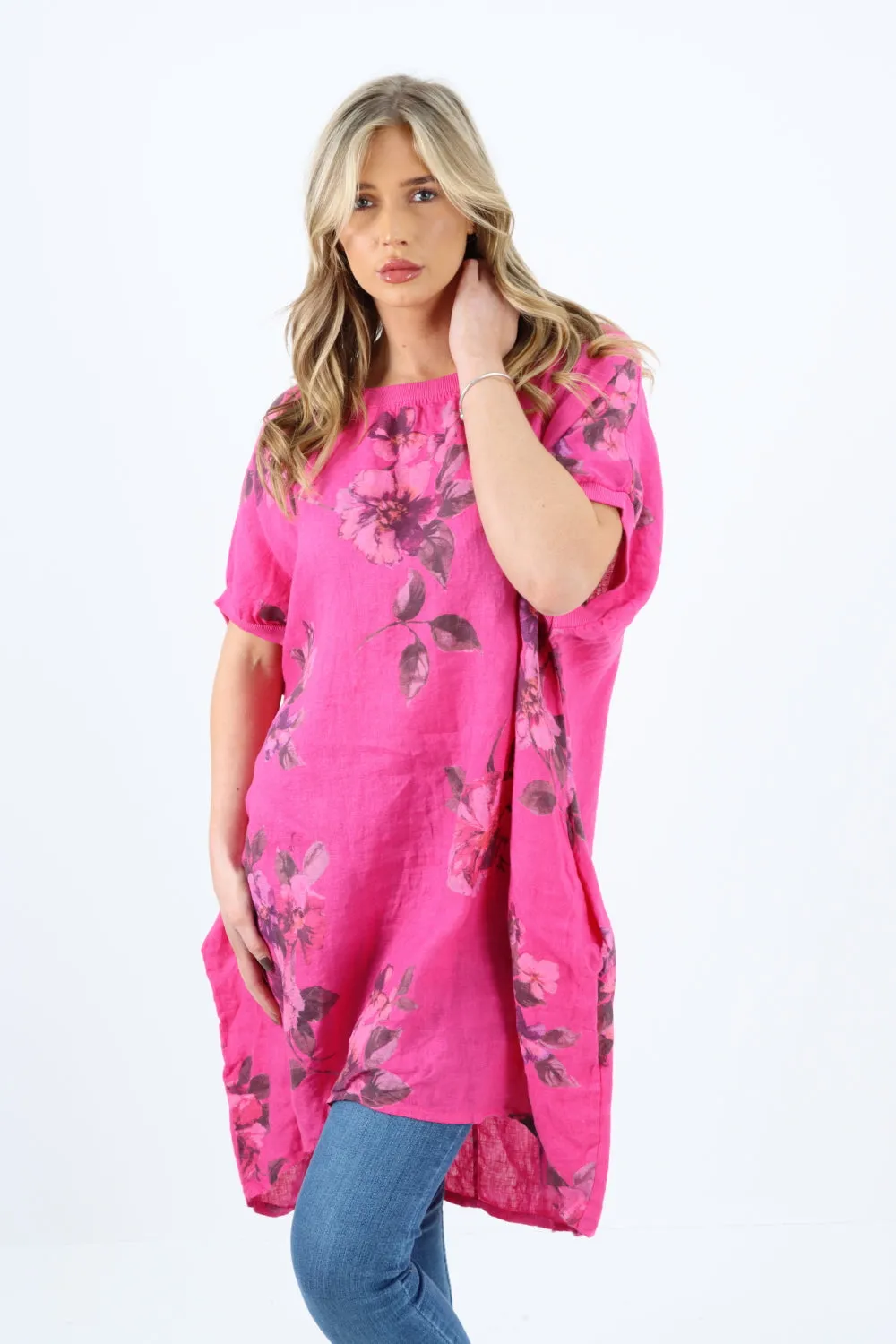 Italian Linen Floral Tunic Dress Fuschia Free Size