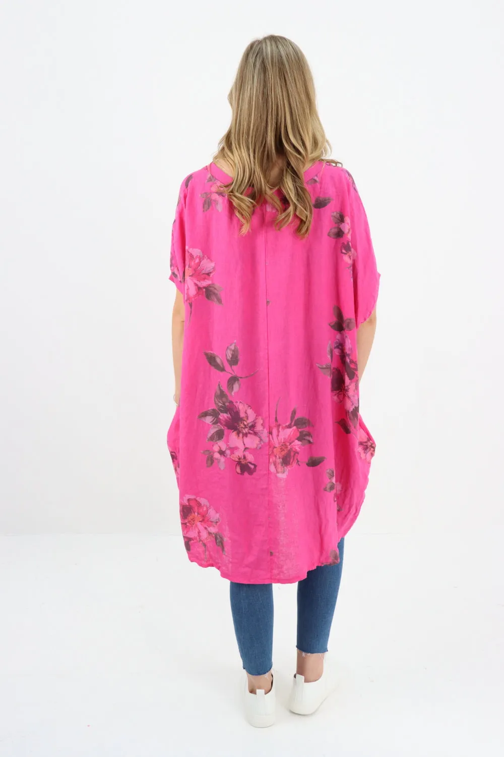 Italian Linen Floral Tunic Dress Fuschia Free Size