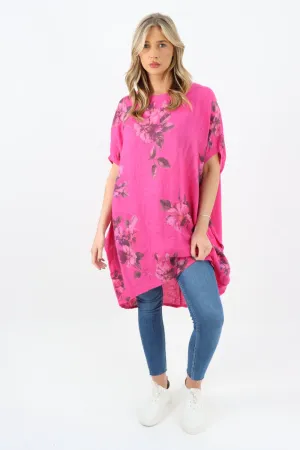 Italian Linen Floral Tunic Dress Fuschia Free Size