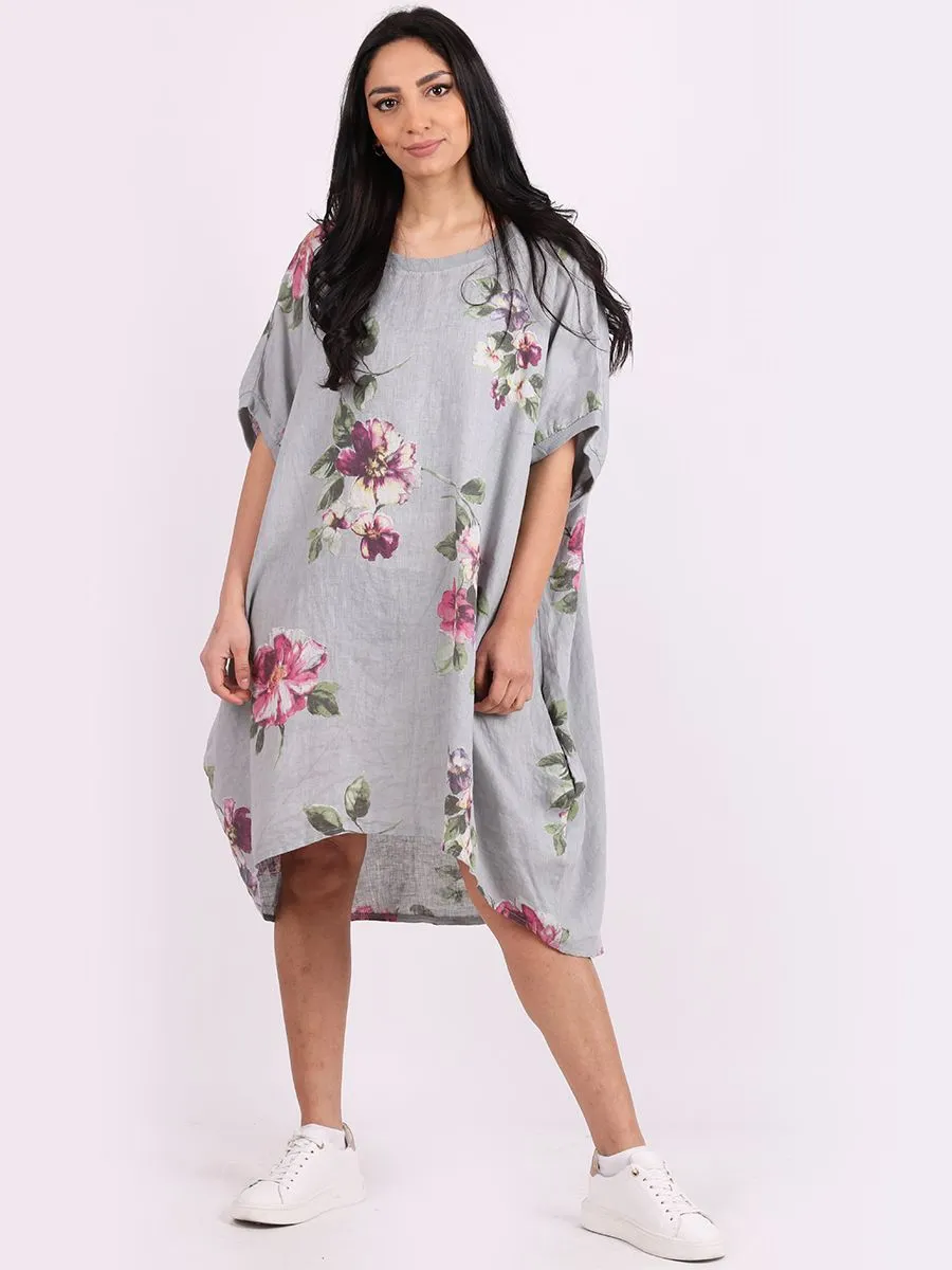 Italian Linen Floral Tunic Dress Silver Free Size