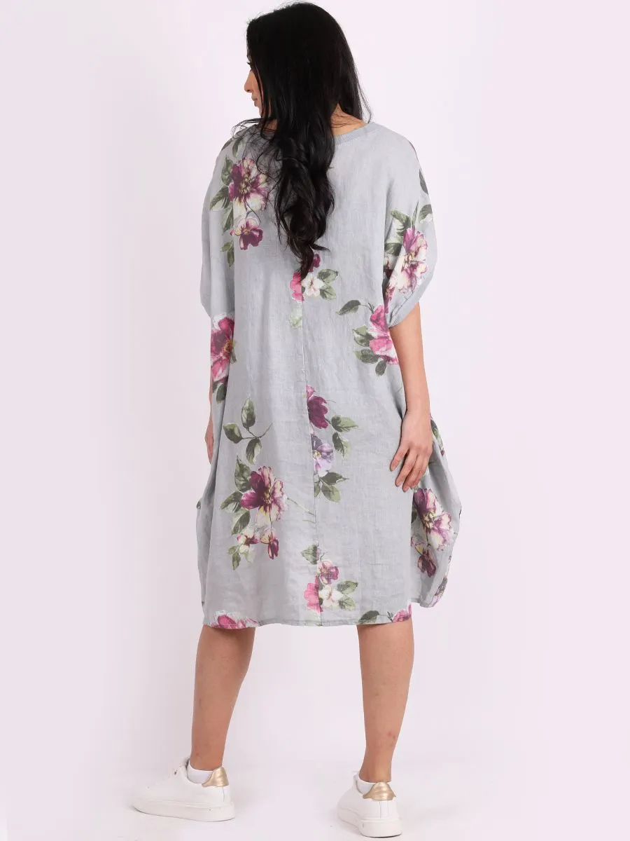 Italian Linen Floral Tunic Dress Silver Free Size