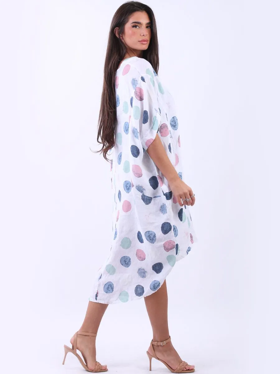Italian Polka Dot Linen Free Size Dress ~ White