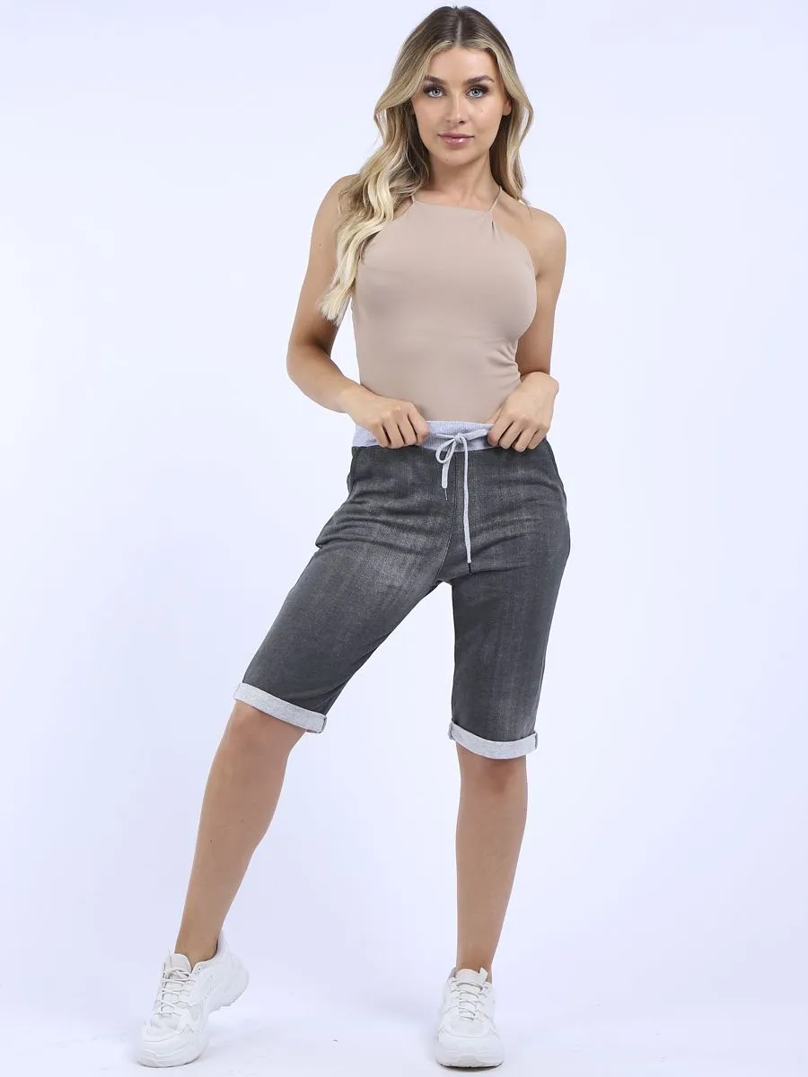 Italian Stretch Cotton Shorts Denim Look Charcoal