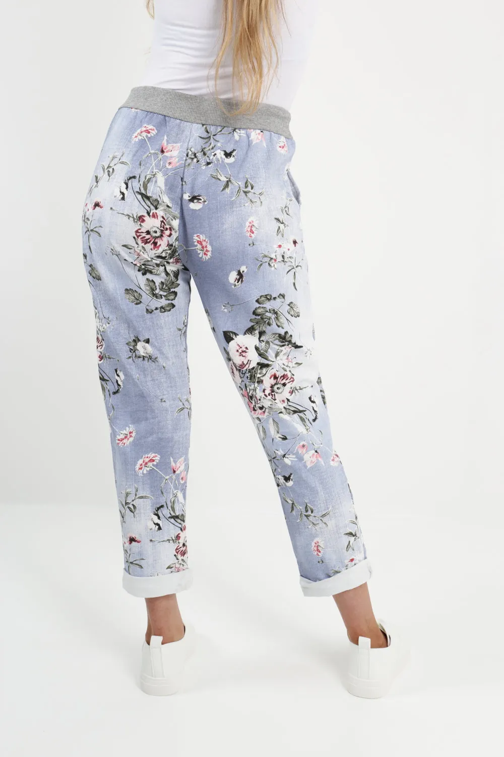 Italian Stretch Cotton Trousers ~ Floral Light Blue