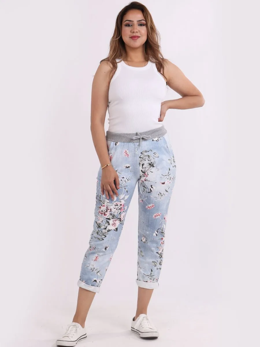 Italian Stretch Cotton Trousers ~ Floral Light Blue