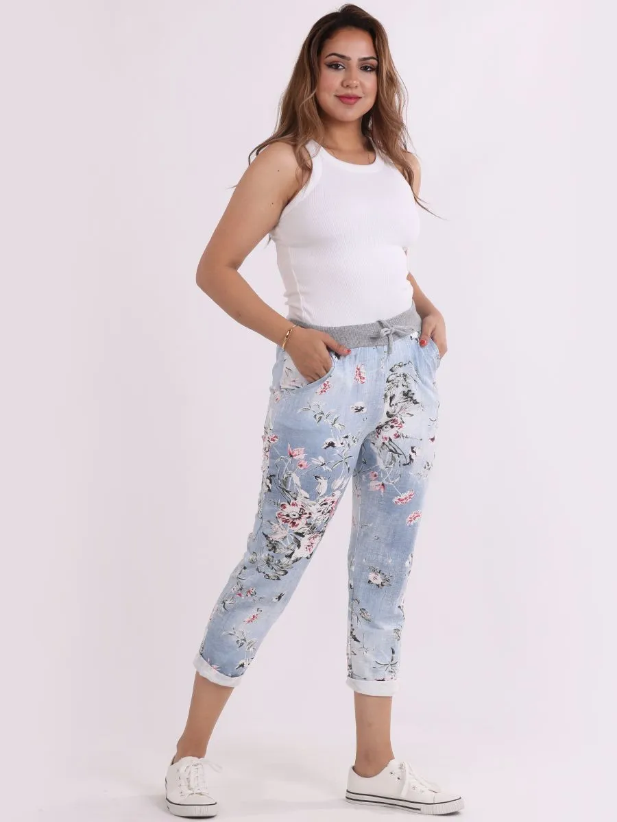 Italian Stretch Cotton Trousers ~ Floral Light Blue