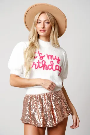 'Its My Birthday' Yarn Embroidered Puff Sleeve Sweater