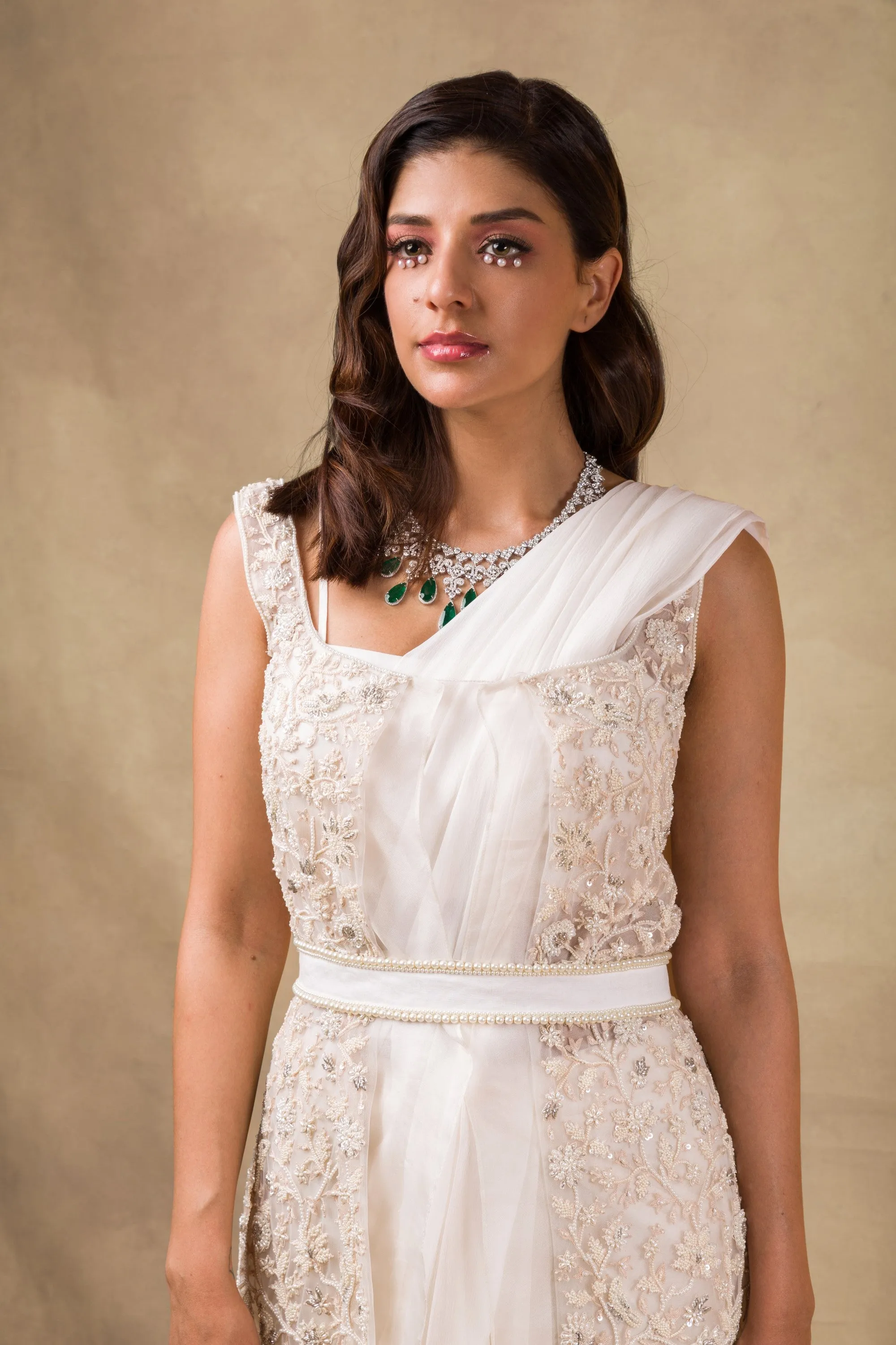 Ivory Embroidered Drape Saree And Jacket Set