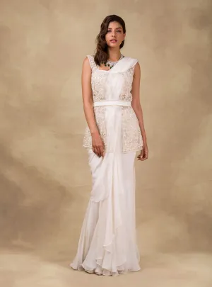Ivory Embroidered Drape Saree And Jacket Set