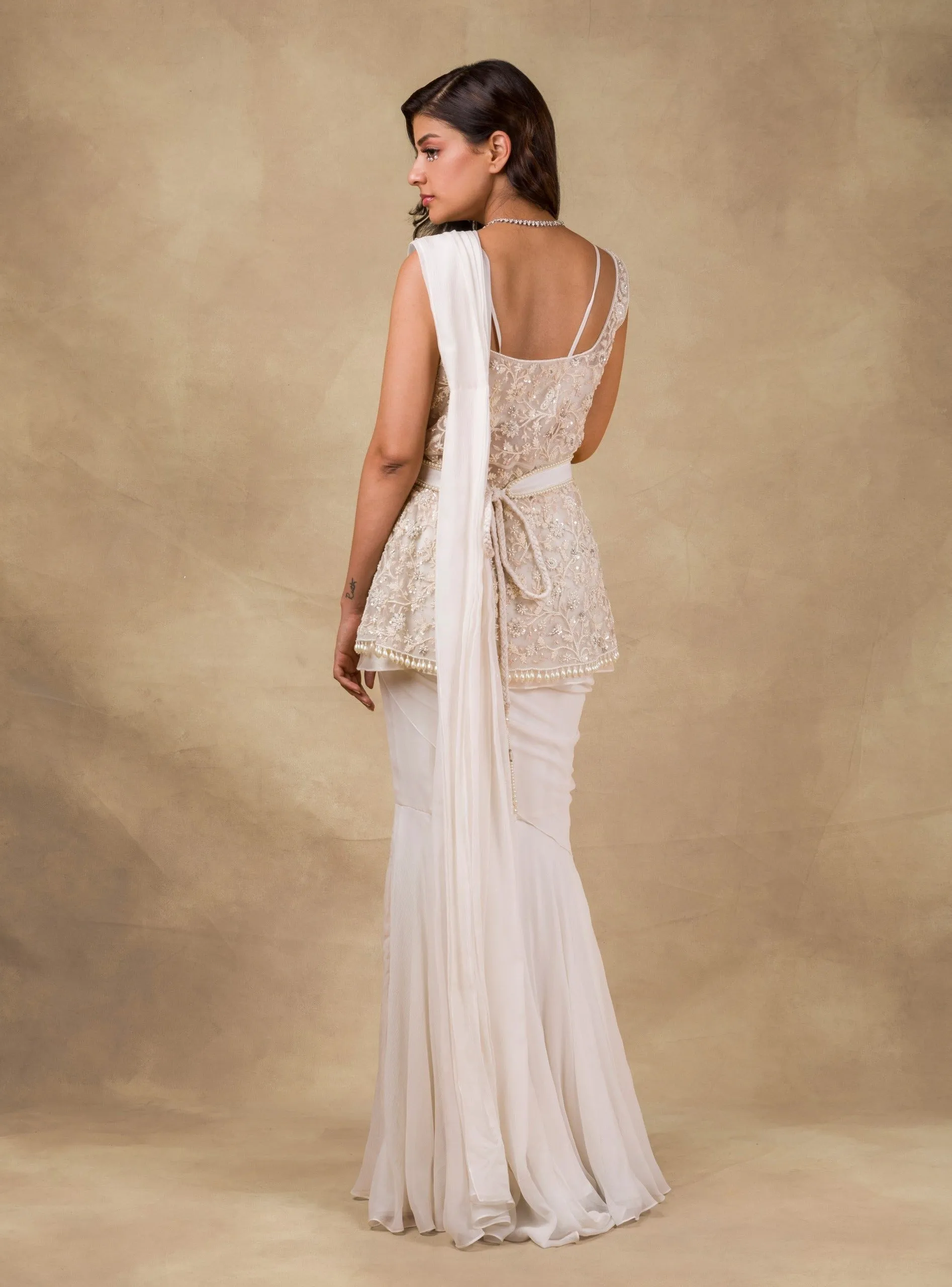 Ivory Embroidered Drape Saree And Jacket Set