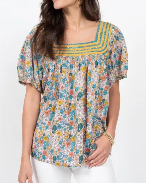 IVY JANE Elana Square Embroidered Neck Floral Top w Elastic Short Puff Slvs