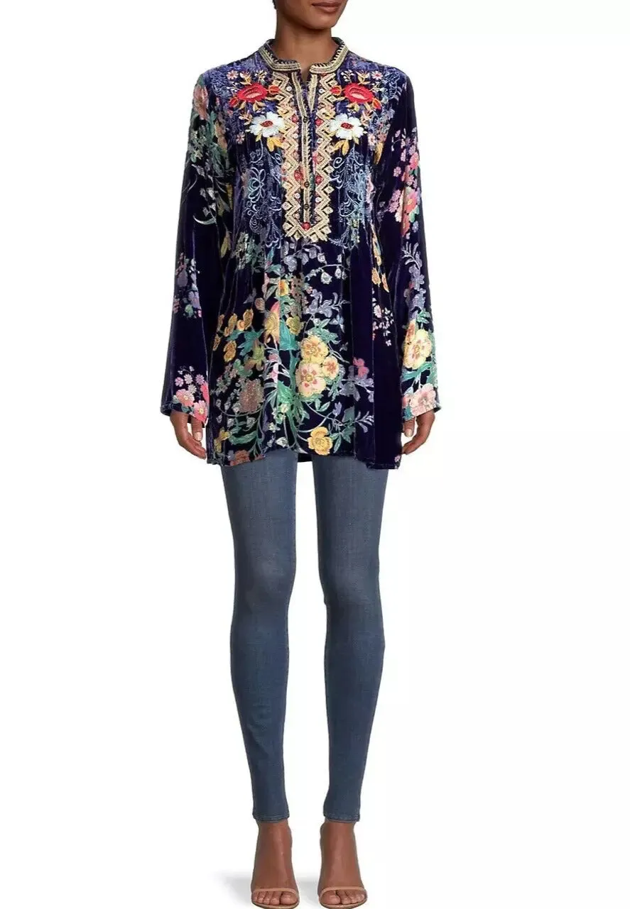 Johnny Was Bouquet Burnout Nephele Tunic Embroidered Floral Top Shirt Blue NEW