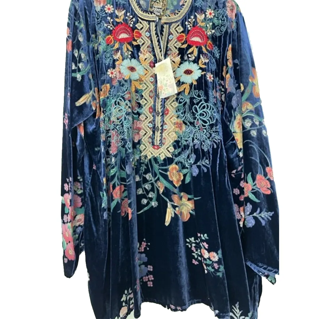 Johnny Was Bouquet Burnout Nephele Tunic Embroidered Floral Top Shirt Blue NEW