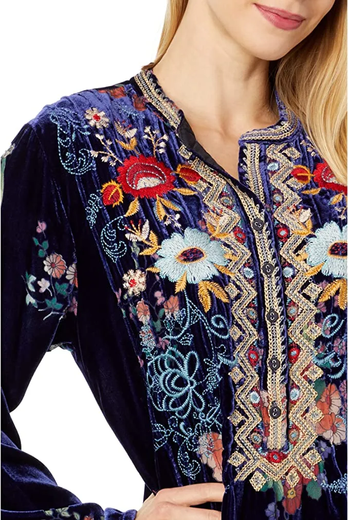 Johnny Was Bouquet Burnout Nephele Tunic Embroidered Floral Top Shirt Blue NEW