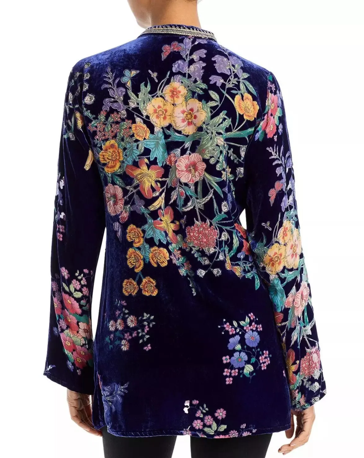 Johnny Was Bouquet Burnout Nephele Tunic Embroidered Floral Top Shirt Blue NEW
