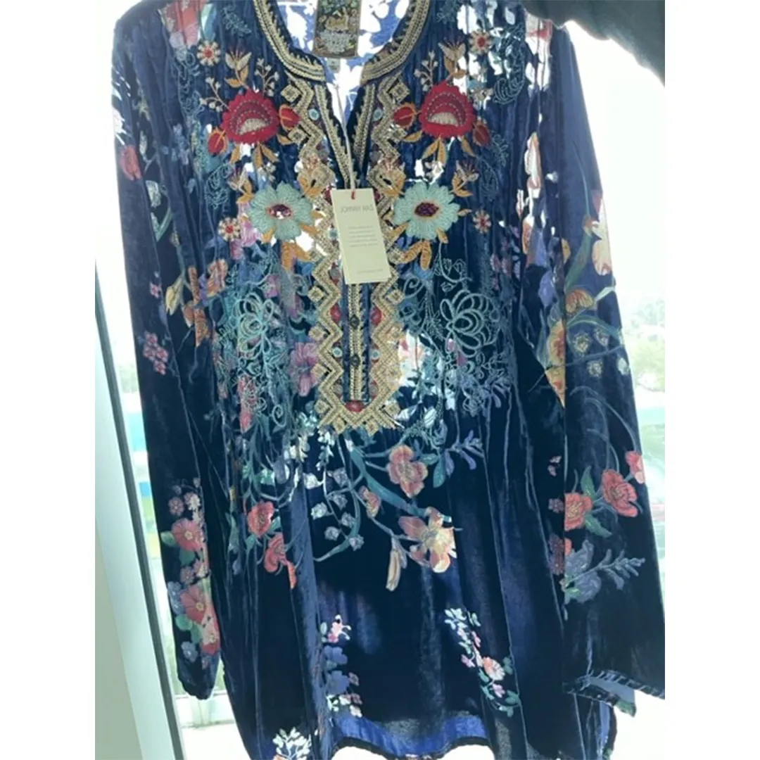 Johnny Was Bouquet Burnout Nephele Tunic Embroidered Floral Top Shirt Blue NEW