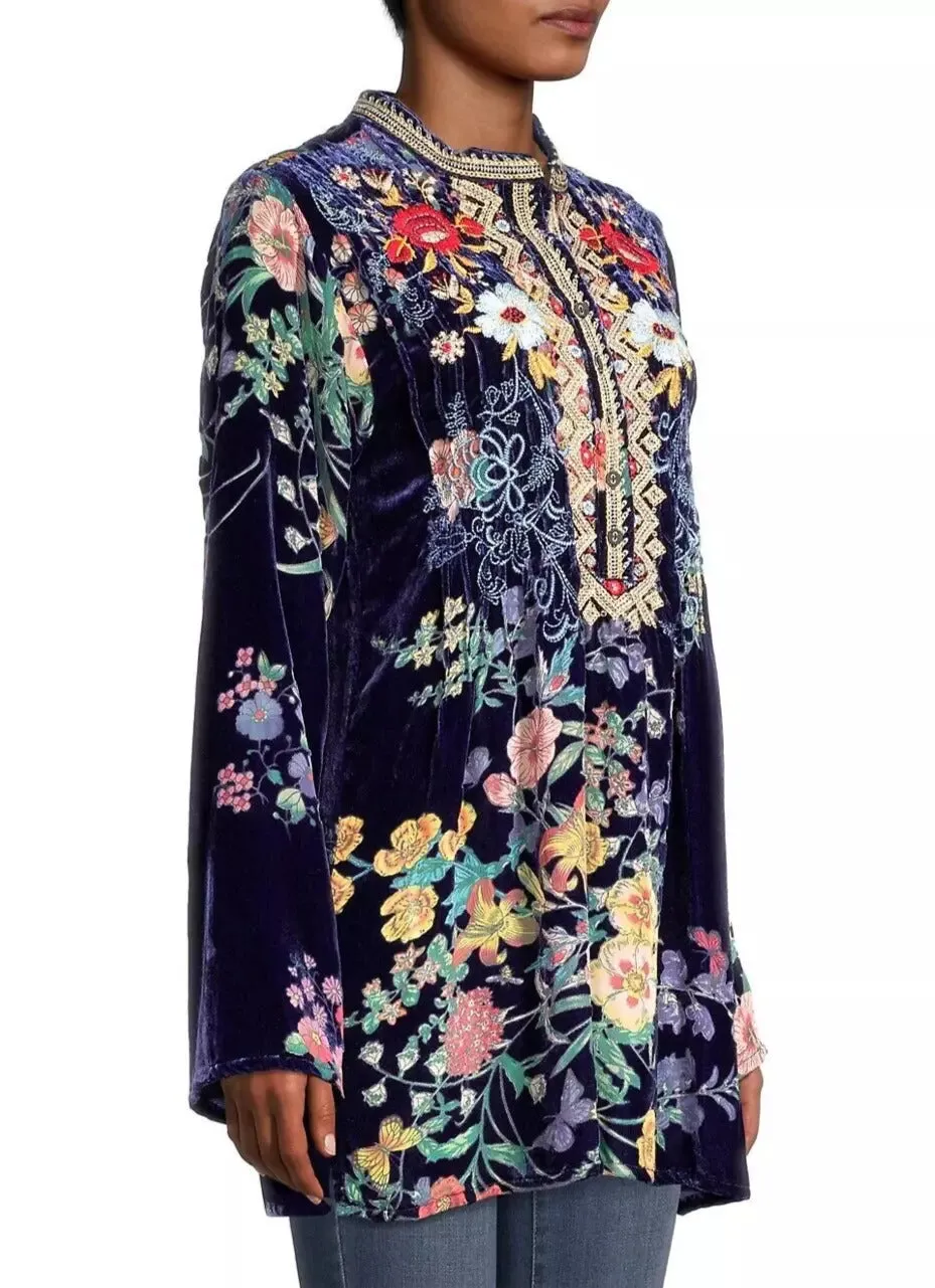 Johnny Was Bouquet Burnout Nephele Tunic Embroidered Floral Top Shirt Blue NEW