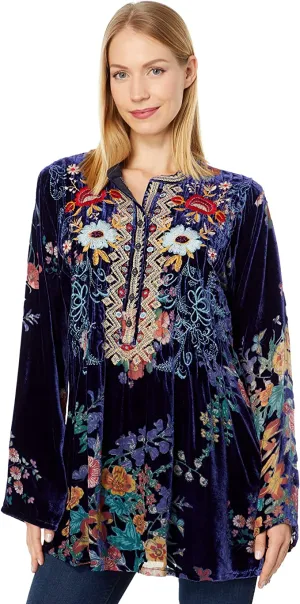 Johnny Was Bouquet Burnout Nephele Tunic Embroidered Floral Top Shirt Blue NEW