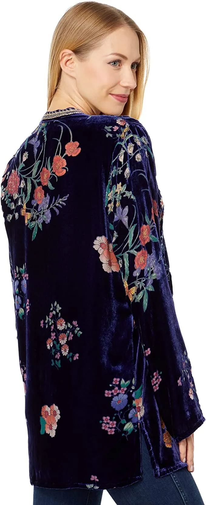Johnny Was Bouquet Burnout Nephele Tunic Embroidered Floral Top Shirt Blue NEW