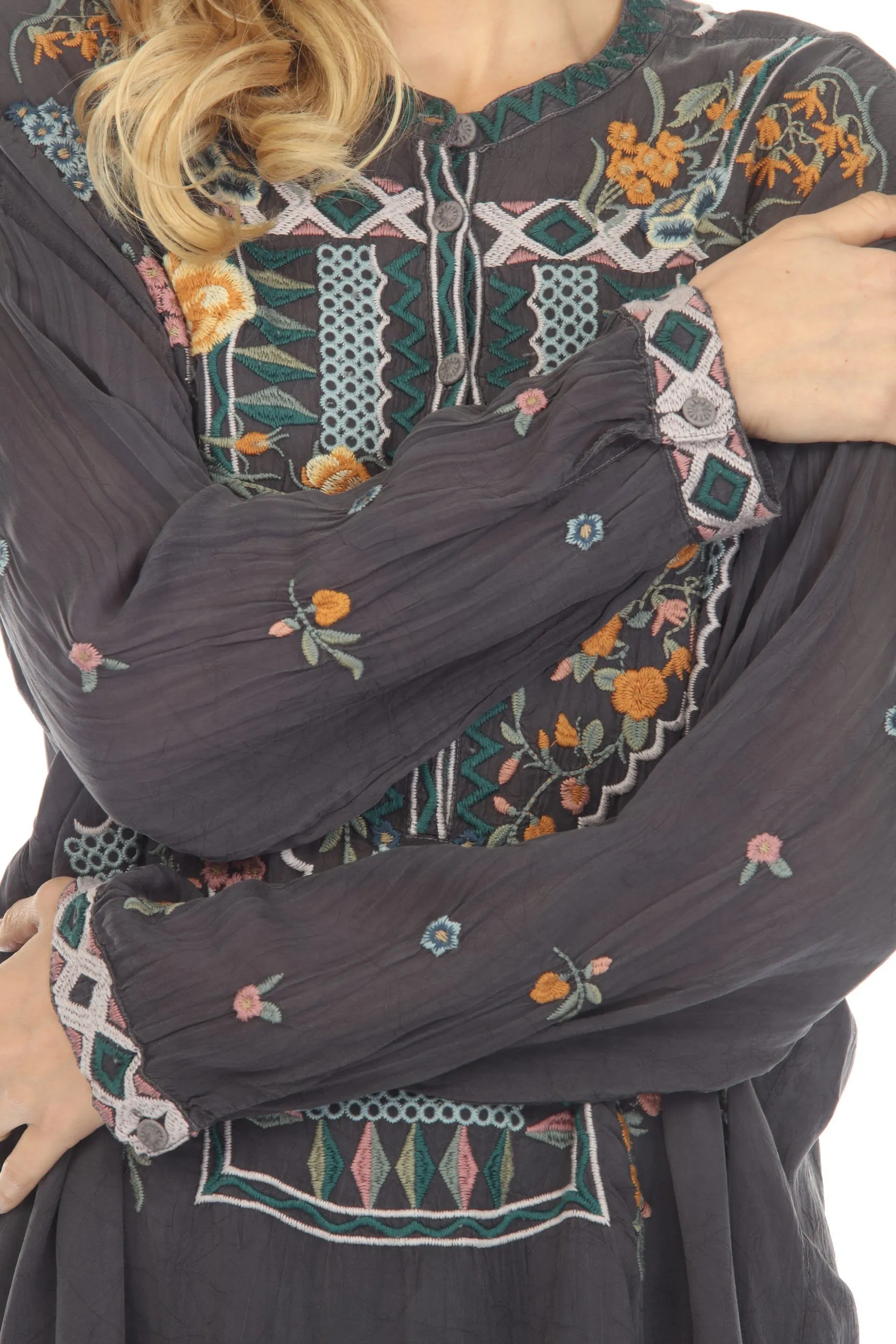 Johnny Was Faylin Embroidered Long Sleeve Tunic Top Boho Chic C28023