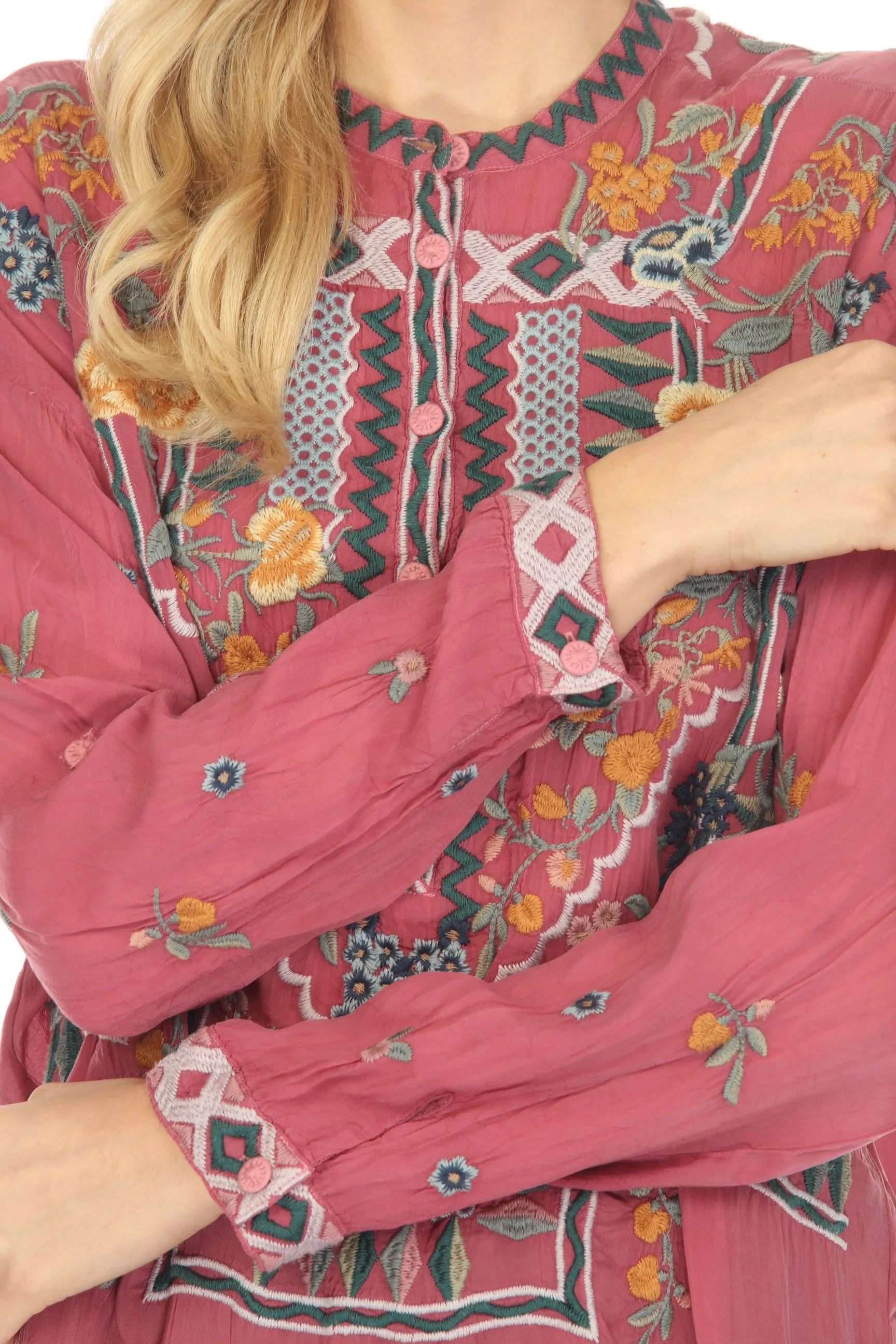 Johnny Was Faylin Embroidered Long Sleeve Tunic Top Boho Chic C28023