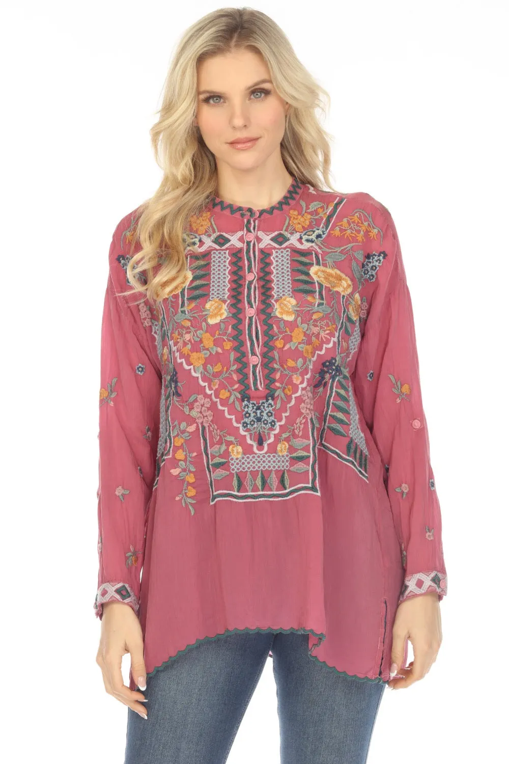 Johnny Was Faylin Embroidered Long Sleeve Tunic Top Boho Chic C28023