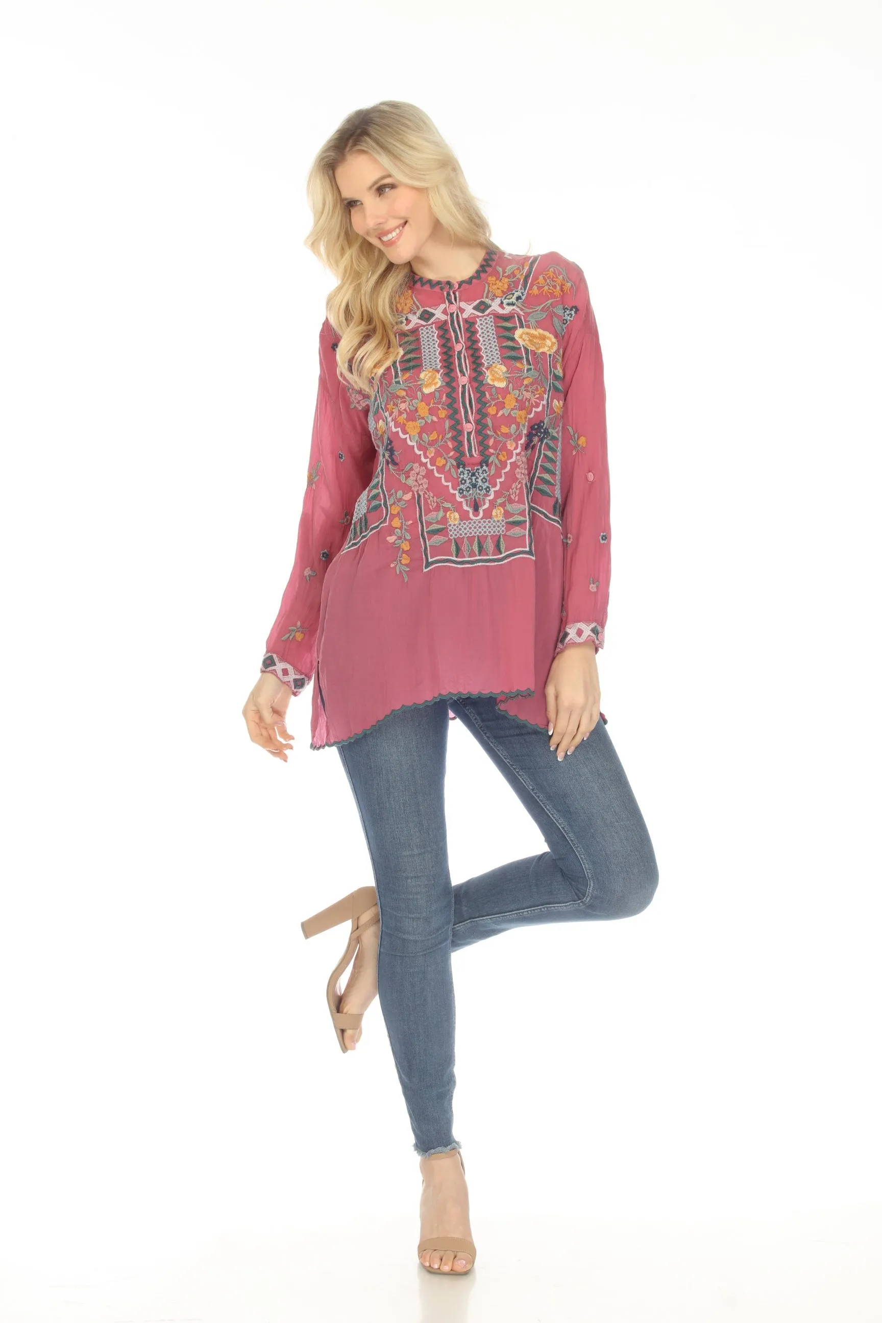 Johnny Was Faylin Embroidered Long Sleeve Tunic Top Boho Chic C28023