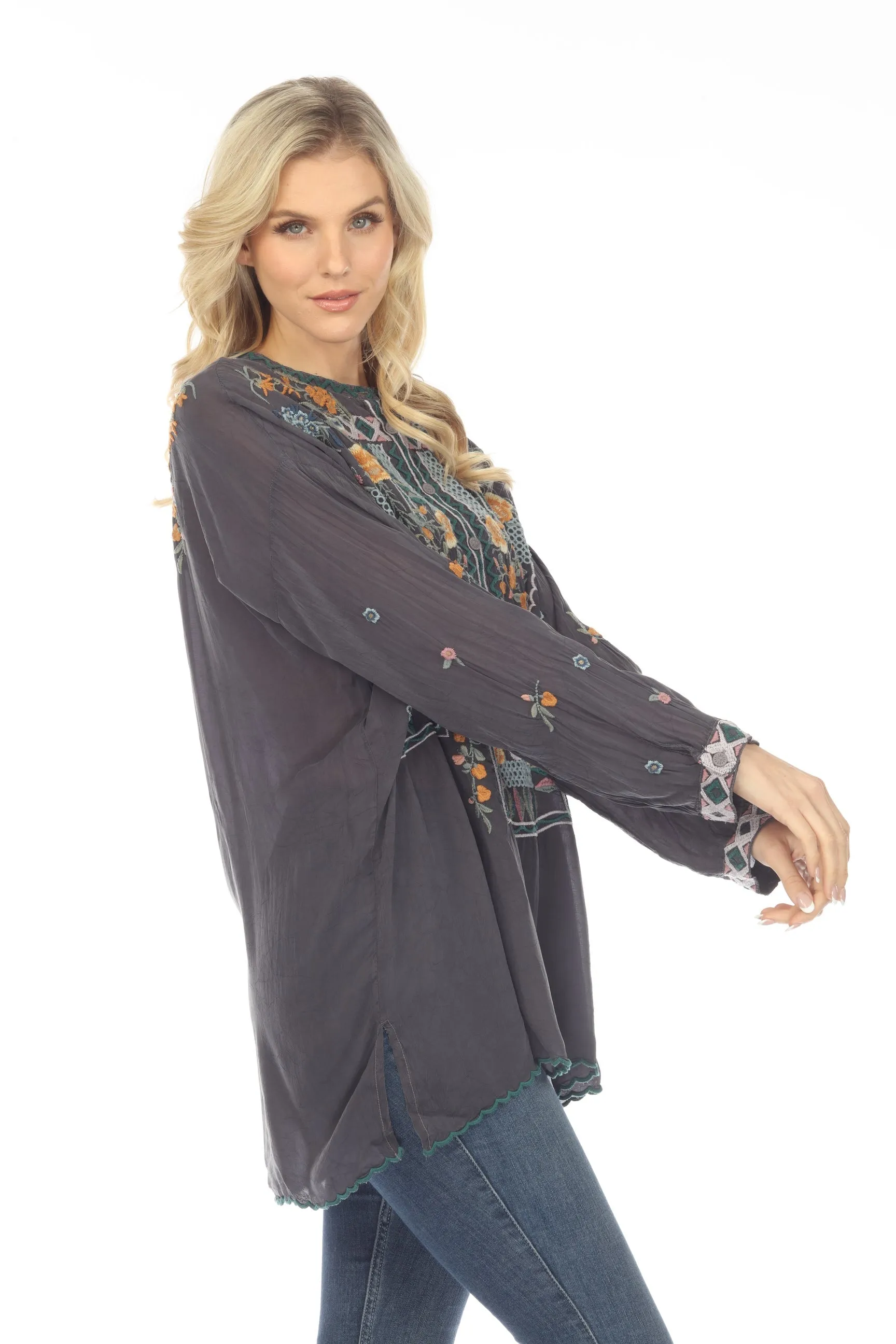 Johnny Was Faylin Embroidered Long Sleeve Tunic Top Boho Chic C28023