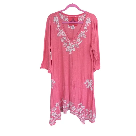 Johnny Was LA Joy Love Light Pink Coral Floral Embroidered Summer Tunic Dress