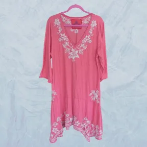 Johnny Was LA Joy Love Light Pink Coral Floral Embroidered Summer Tunic Dress