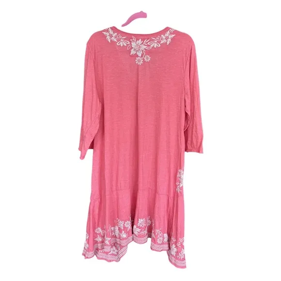 Johnny Was LA Joy Love Light Pink Coral Floral Embroidered Summer Tunic Dress