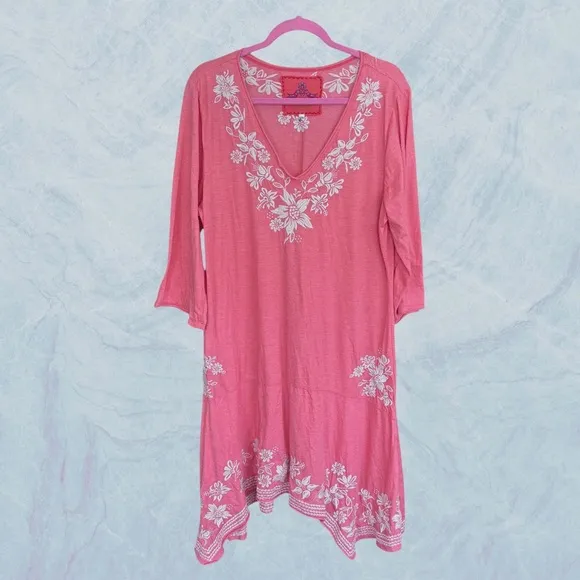 Johnny Was LA Joy Love Light Pink Coral Floral Embroidered Summer Tunic Dress