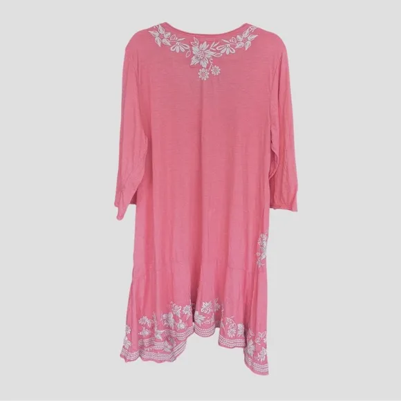 Johnny Was LA Joy Love Light Pink Coral Floral Embroidered Summer Tunic Dress