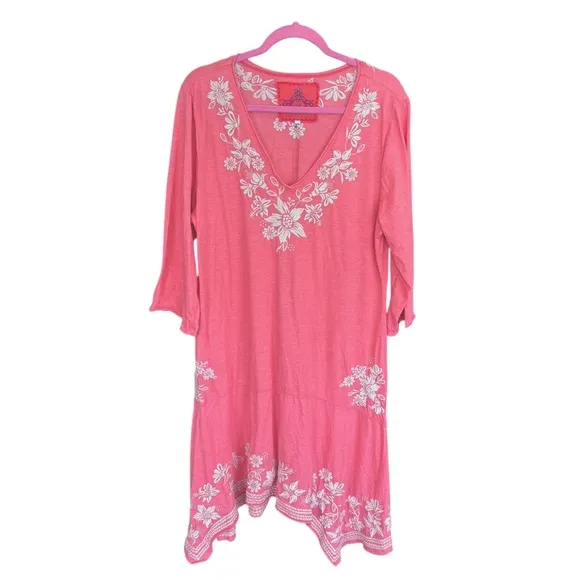 Johnny Was LA Joy Love Light Pink Coral Floral Embroidered Summer Tunic Dress