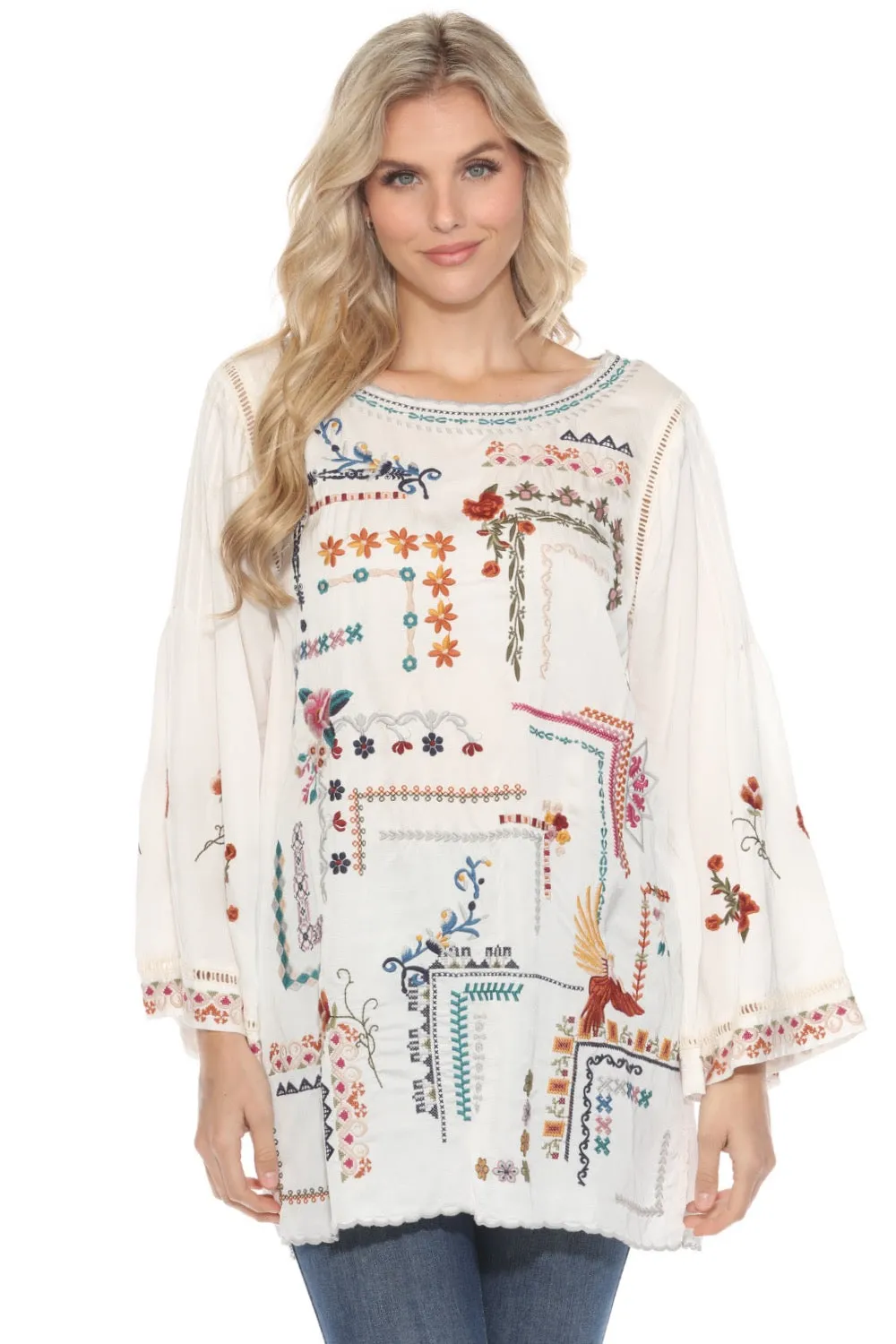 Johnny Was White Embroidered Long Sleeve Tunic Blouse C33323