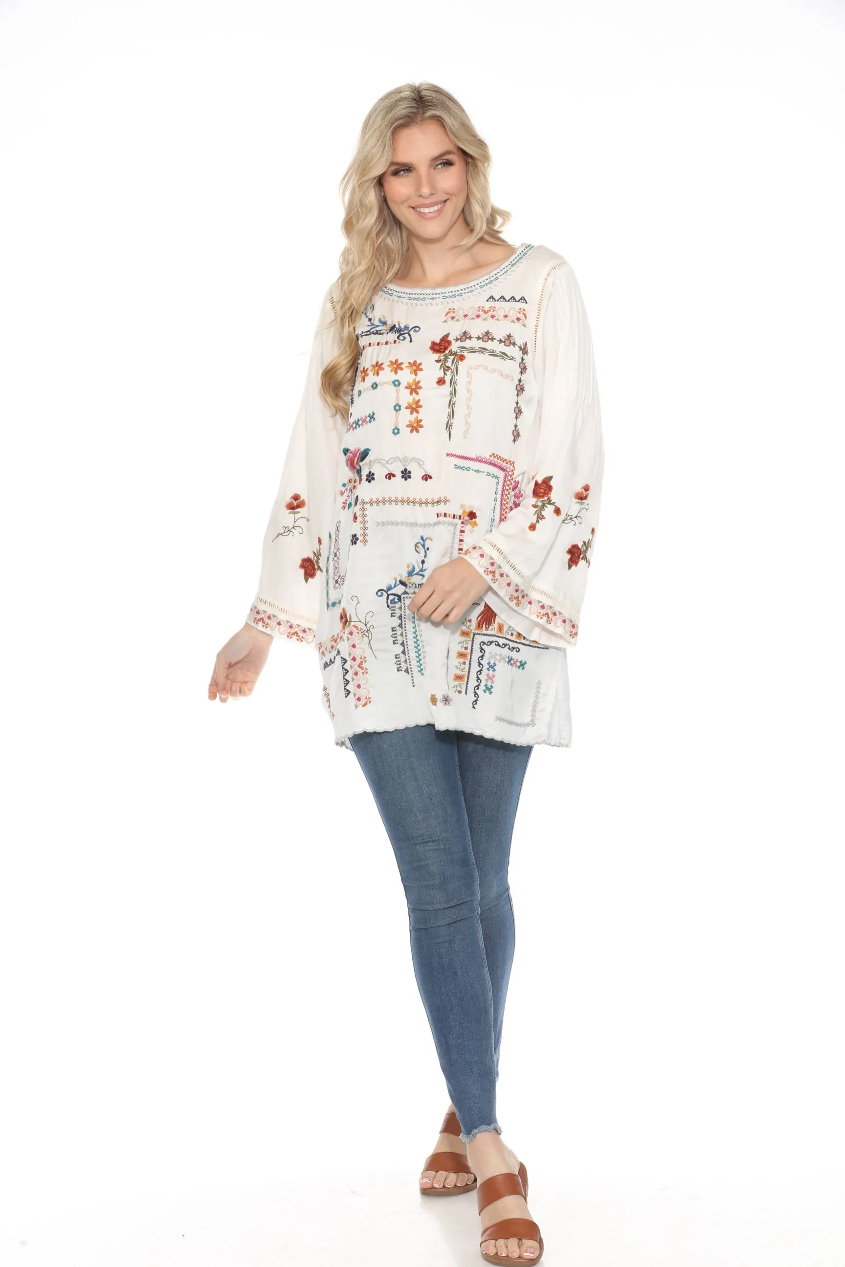 Johnny Was White Embroidered Long Sleeve Tunic Blouse C33323