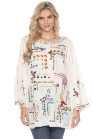 Johnny Was White Embroidered Long Sleeve Tunic Blouse C33323