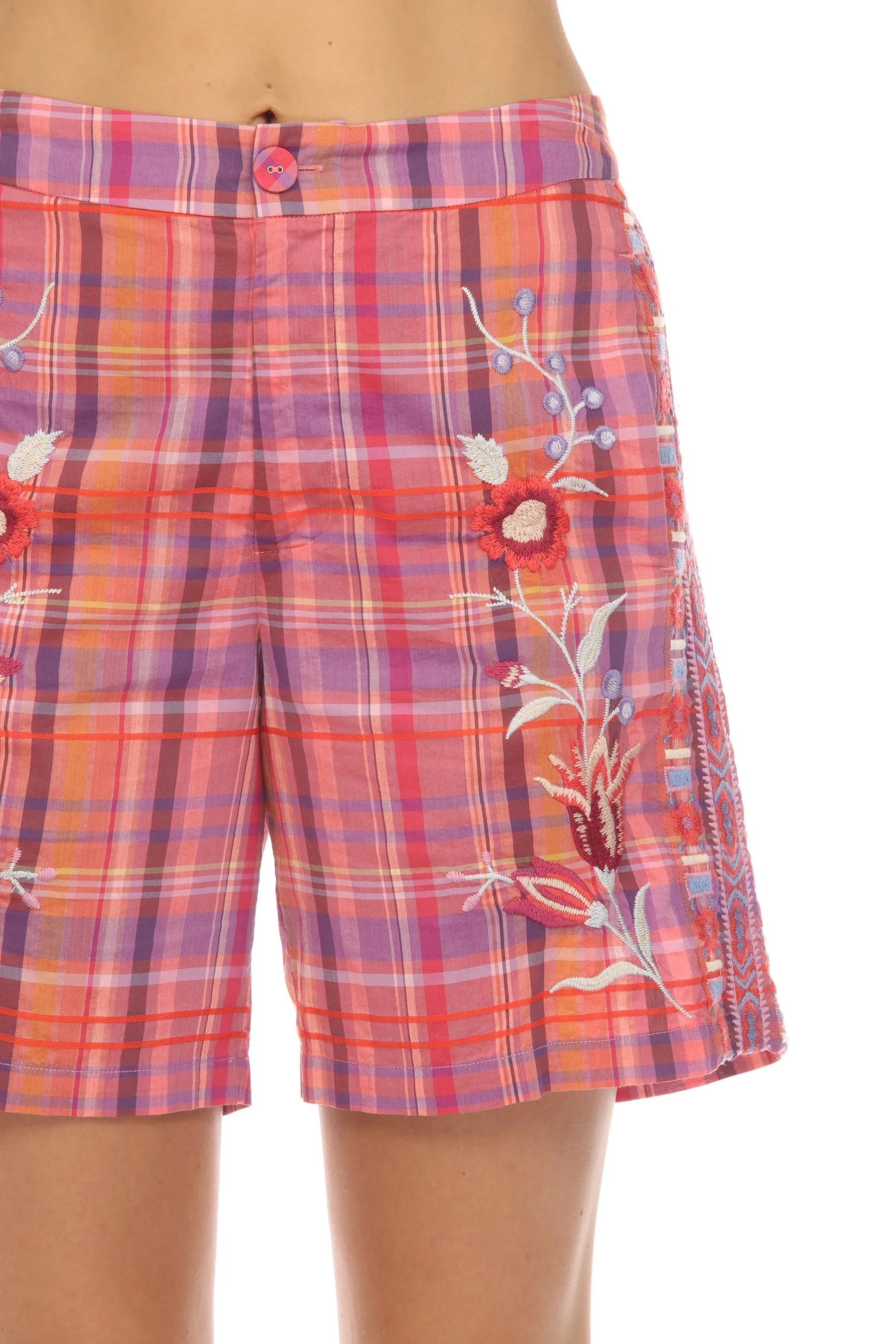 Johnny Was Workshop Piper Plaid Floral Embroidered Weekend Shorts Boho Chic W81923