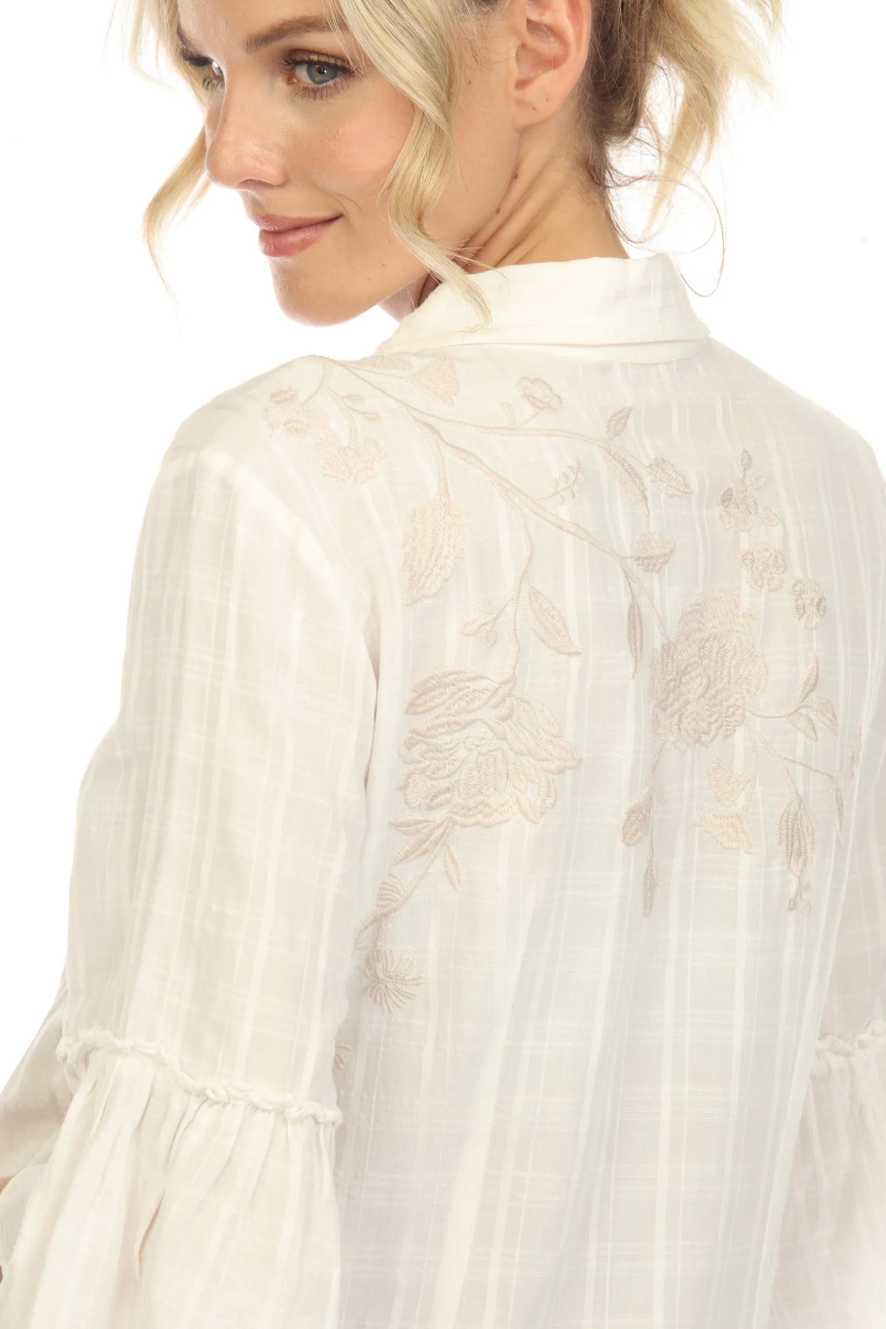 Johnny Was Workshop White Sylvie Ruffle Sleeve Embroidered Tunic Top Boho Chic W26023