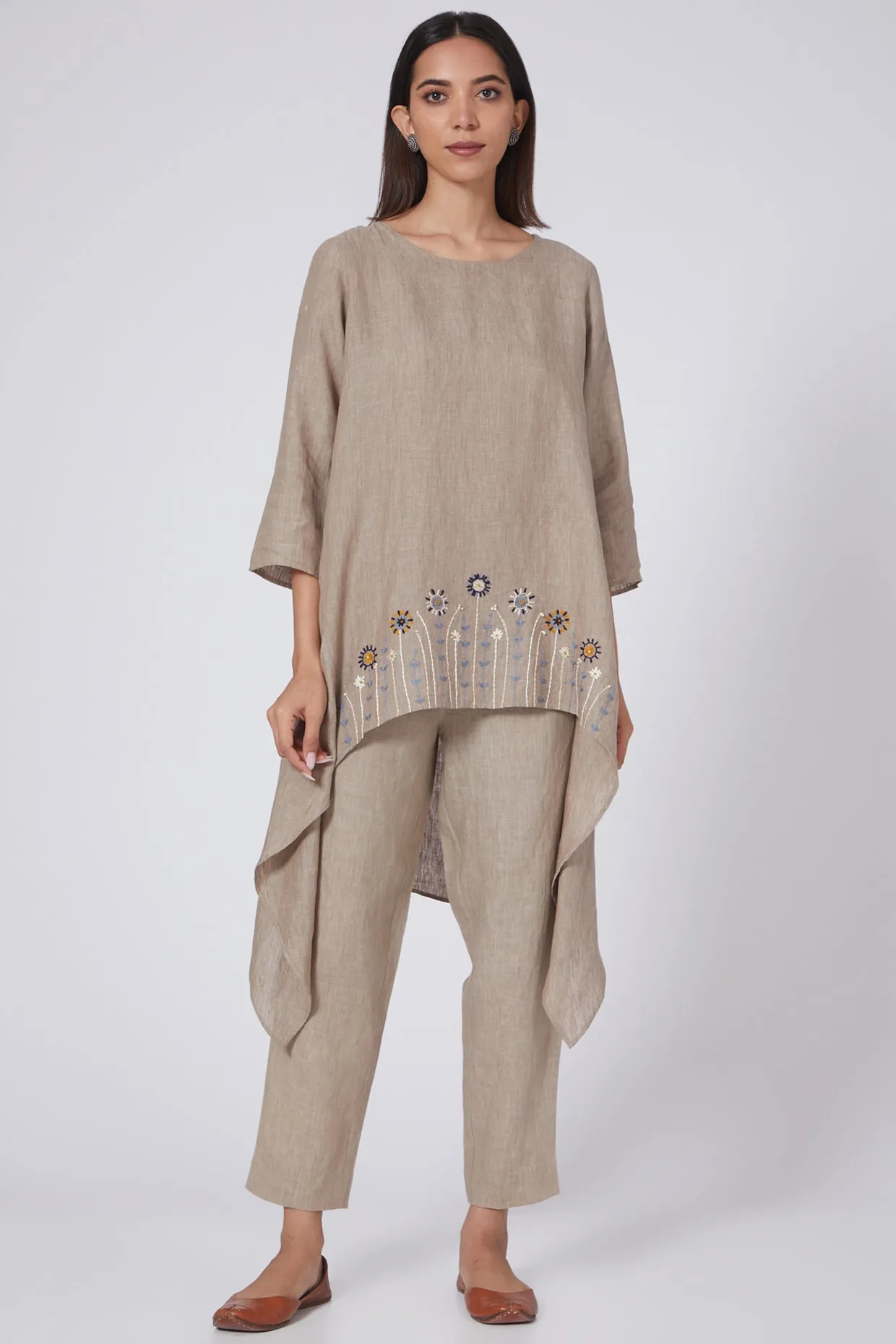 Khaki Highlow Floral Embroidered Lounge Tunic