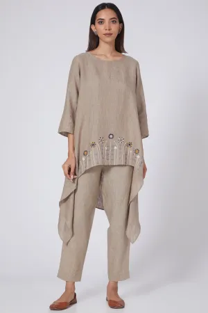 Khaki Highlow Floral Embroidered Lounge Tunic