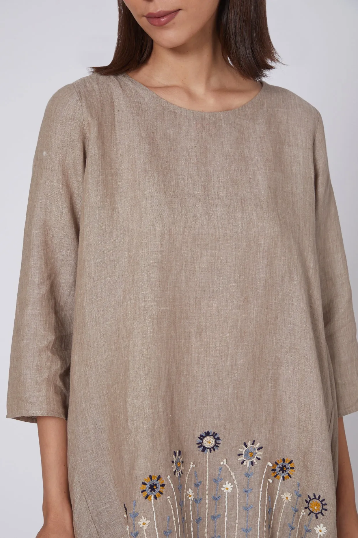 Khaki Highlow Floral Embroidered Lounge Tunic