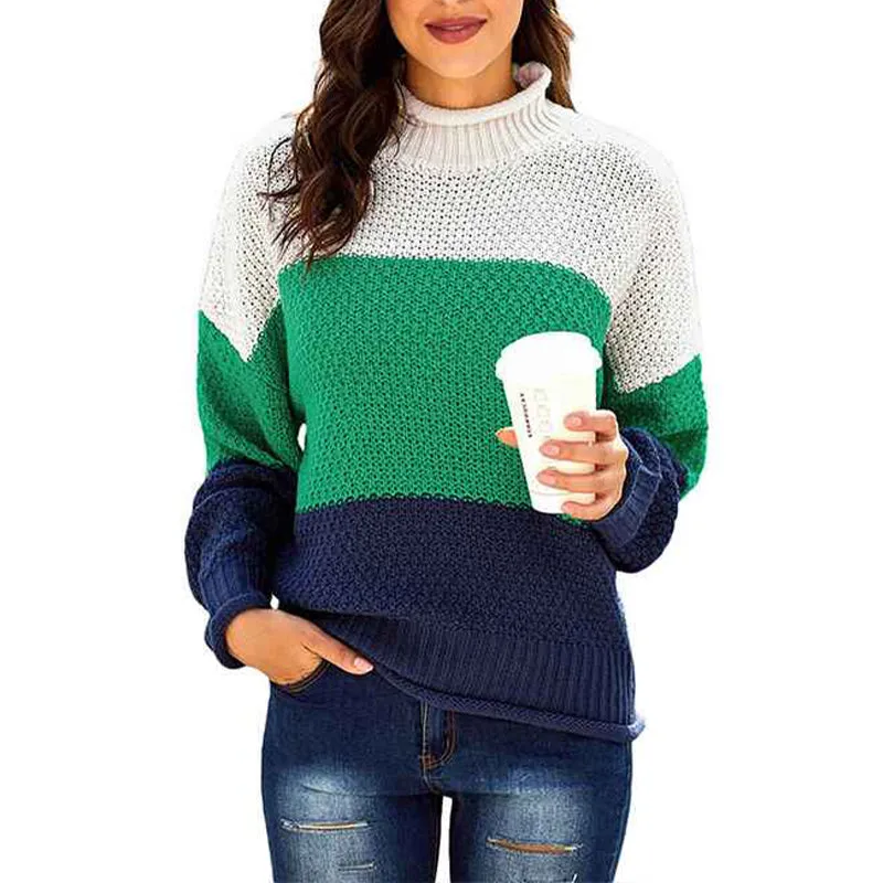 Ladies Turtlenecks Winter Womens Oversized Long Sleeve Striped Sweater Casual Turtleneck Side Split Tunic Pullover K204