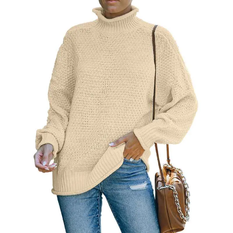 Ladies Turtlenecks Winter Womens Oversized Long Sleeve Striped Sweater Casual Turtleneck Side Split Tunic Pullover K204