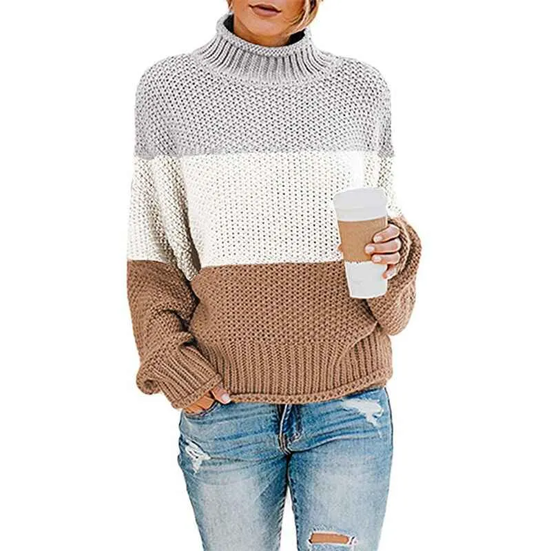 Ladies Turtlenecks Winter Womens Oversized Long Sleeve Striped Sweater Casual Turtleneck Side Split Tunic Pullover K204