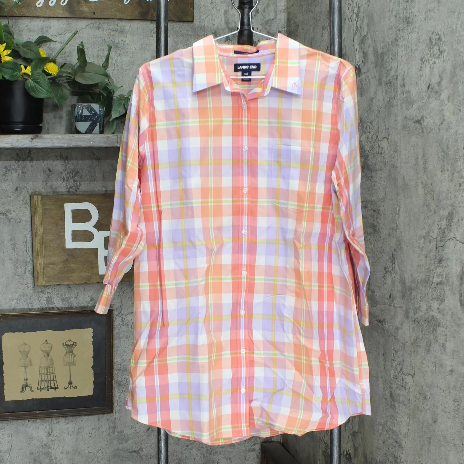 Lands' End Womens Embroidered "A" 3/4 Sleeve Tunic Button Up Shirt