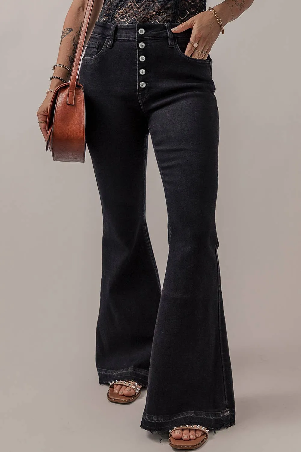 LDC High Waist Button Front Flare Jeans LD7874